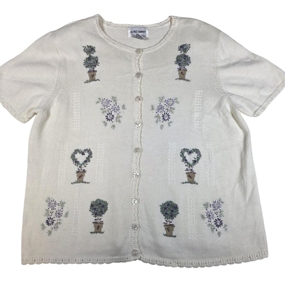 Alfred Dunner Sweaters - Vintage Alfred Dunner White Embroidered Short Sleeve Knit Cardigan 1X Summer